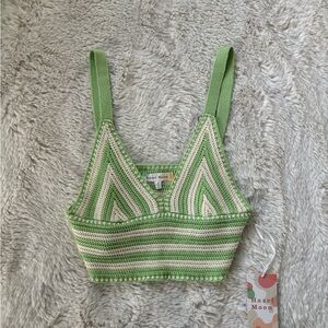 NWT Hazel Moon Green and Cream Crochet Knit Cropped Tank Top